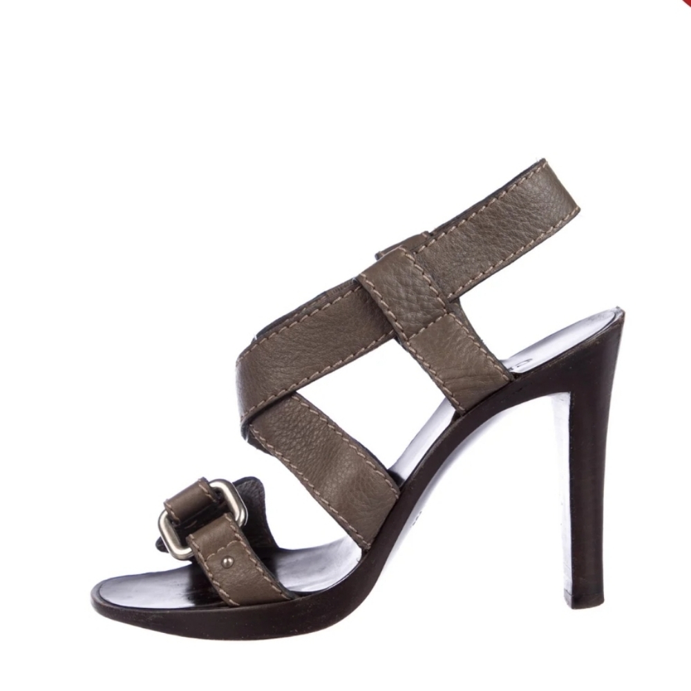 CHLOÉ Leather Crossover Olive Buckle Sandals Size 38 4.5" Heels